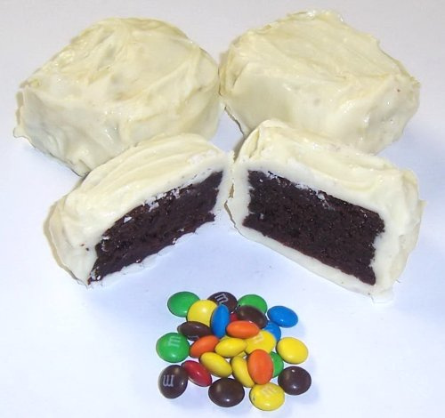 Scott's Cakes White Chocolate Covered Brownie Bites with M and M's in a 1 Pound White Bakery Box