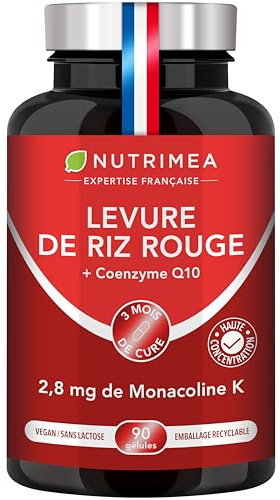 Levure de Riz Rouge | Dosée en Monacoline K | 175 mg | Avec Coenzyme Q10 | Forte Concentration | Haute Biodisponibilité | 90 Gélules Vegan Gastro-Résistantes | Nutrimea | Fabrication Française