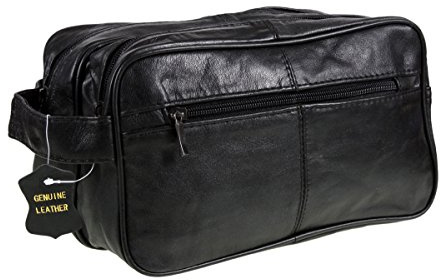 Lorenz Herren Schwarz Leder Waschbeutel Kulturbeutel Reise Travel Waschbeutel Kulturbeutel with 2 compartments and handle