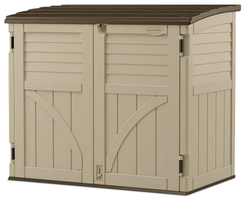 Suncast Horizontal Shed, Compact Outdoor Storage System, 34 Cu. Ft. Capacity, Sand & Slate - Lockable Multi-Wall Resin Organizer for Garbage Cans, Garden Tools, Bins, Bikes and Yard Equipment