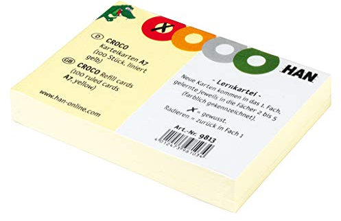 HAN Karteikarten CROCO – 1 PACK à 100 STÜCK, Karteikarten A7 quer, farbig bedruckter, stabiler, gelber Karton mit vier bunten Kreisen zum Ankreuzen, Farbe gelb, 9813