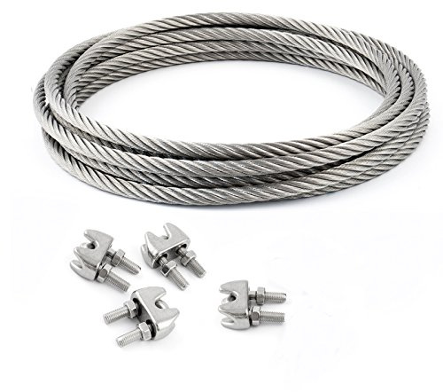 5m DRAHTSEIL EDELSTAHLSEIL SET 10mm 7x19 + 4 Bügel 10mm V4A Stahlseil Inox VA Seil Rostfrei Klemmen