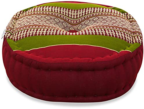 livasia Meditationskissen - Ø 38x15cm - Yogakissen mit Kapokfüllung, Pouf, Bodenkissen rund für Yoga und Zen Meditation, Zafukissen für Garten und Balkon, Sitzkissen handgemacht (Rot/Grün)