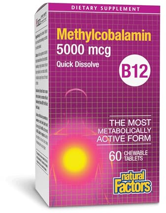 Natural Factors, Vitamin B12 Methylcobalamin 5000 mcg, Chewable Support for Energy and Immune Health, Vegetarian, 60 tablets (60 servings)