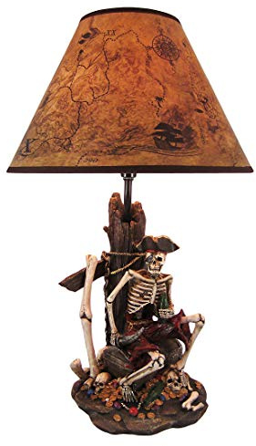 Zeckos 21-Inch High Caribbean Pirate Skeleton Table Lamp with Treasure Map Shade - Seafaring Bedroom Light for Nautical Adventurers and Beach Home Buccaneers