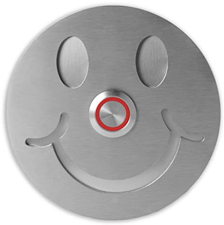 Jung Edelstahl Design - Lustige Edelstahl Türklingel Smiley Klingelschild rund 10x10cm Klingeltaster mit LED Klingelplatte V2a Edelstahl geschliffen Smilie Klingel Haustür (rot)