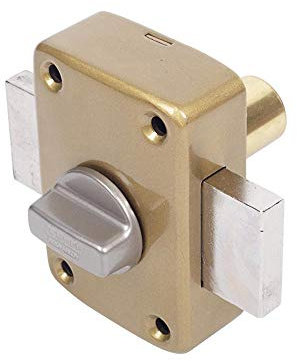 Tesa Assa Abloy, 2110TE4E, Cerrojo de seguridad con llave exterior y boton interior, Latonado