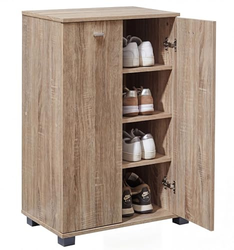 FineBuy Design Schuhschrank Sonoma Nimes modern Holz 12 Paar Schuhe 4 Fächer 2 Türen, Schuhregal 60 x 90 x 35 cm platzsparend, Schuhkommode Flurschrank mit Ablage