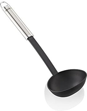 Leifheit Schöpflöffel 32 cm NylonSterling-Serie, Suppenkelle aus rostfreiem Edelstahl und Nylon zum Kochen ohne Kratzer, Schöpfkelle mit ovalem Griff und praktischer Aufhängeöse, Soßenlöffel, Silber