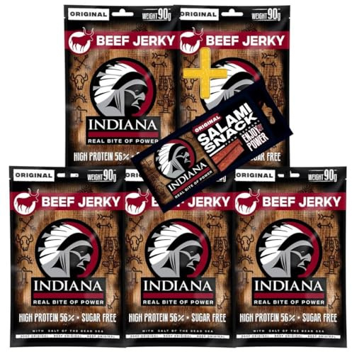 Indiana Beef Jerky Original, Geschenkbox High Protein Trockenfleisch, ohne Zuckerzusatz, Gluten-frei (5 x 90g)