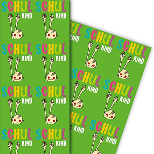 Grünes Kinder Geschenkpapier zu Einschulung mit Jungen Schulkind  zum Schulanfang 32 x 48cm (4 Bögen) Dekorpapier, Papier zum Einpacken, für tolle Geschenk Verpackung und Überraschungen