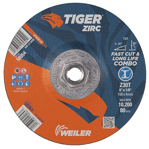 Weiler 58054 6 x 1/8 Tiger Zirc Type 27 Cut and Grind Combo Wheel, Z30T, 5/8-11 UNC Nut (Pack of 10)
