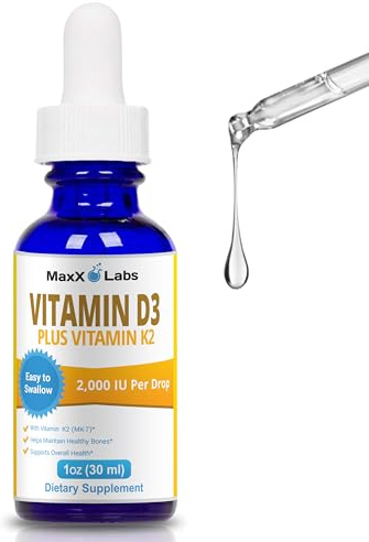 MaxX Labs Vitamin D3 K2 Liquid Drops - Liquid Vitamin-D3 2000 IU Per Drop with K2 Supplements for Adults & Kids - Vitamin D K2 MK7 for Healthy Bones, Heart & Immune - 1 Oz Dropper + 900 Days Supply