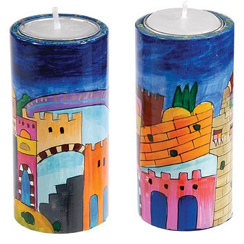 Yair Emanuel Handbemalter Teelichthalter im Shabbat-Stil, 10,2 x 5,1 x 5,1 cm, Holzverbundstoff, jüdisches Judaica-Geschenk (RCL-1)