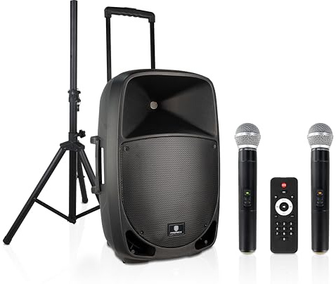 Portable 15 1600W 2-Way Rechargeable Powered Dj PA Speaker System with Bluetooth, Rechargeable Battery, 2 Wireless Mics, USB, SD, FM Radio, Remote & Speaker Stand for Parties, Events, gigs, Outdoor