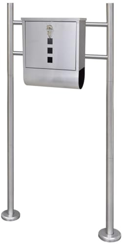 vidaXL Stainless Steel Mailbox with Stand - Silver Lockable Post Box, Outdoor Letterbox with Newspaper Holder, 31x10.5x33.5 cm