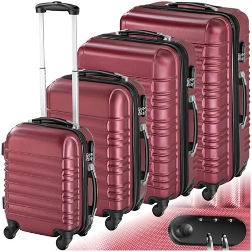 tectake® 4 TLG Reisekoffer Set, TSA Schloss, Hartschalenkoffer Set, Trolley Kofferset, ABS Hartschalen Reisekofferset, Trolley, Gepäck, Koffer Set, 4 Rollen, 360 Grad drehbar, Teleskopgriff - weinrot