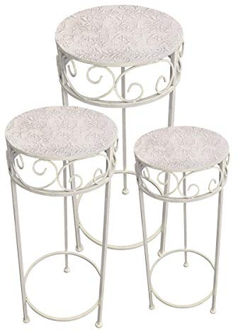 PrimoLiving Set of 3 Metal Flower Stools / Side Table Antique White Round