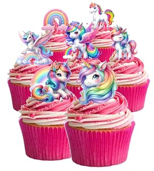 30 Stand Up Cute Unicorn Rainbow Themed Edible Wafer paper Cake Toppers Decorations