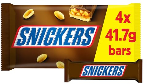 Snickers Chocolate Bars, Caramel, Peanuts & Milk Chocolate, Multipack, 4 x 41.7g, Ideal for Halloween Parties, Gifting or Sharing