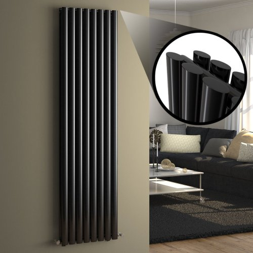 iBathUK Strata Wall-Mounted Vertical Double Oval Panel Radiator, 8 Column Steel High Thermal Output Hydronic Central Heating, Designer Modern Radiator in Gloss Black, 1800 × 472mm