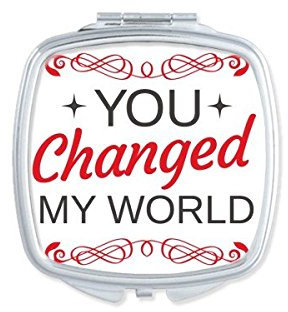 DIYthinker Rot und Tag Sie Black Valentine Changed My World Bild mit Sternen und Kurven Illustration Muster-Quadrat-Compact Make-up Taschenspiegel Tragbare Nette kleine Handspiegel