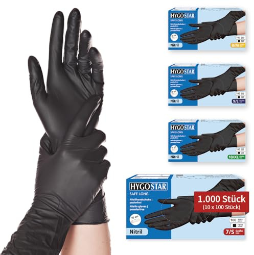 FRANZ MENSCH Hygostar Nitrilhandschuhe Safe Long | Latex- und puderfrei, schwarz, 7/S, 30cm, 1000 Stück, Einweghandschuhe, extra lang und robust, langer Schaft