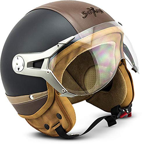 Soxon® SP-325 Urban „Black“ · Jet-Helm · Motorrad-Helm Roller-Helm Scooter-Helm Moped Mofa-Helm Chopper Retro Vespa Vintage Pilot · ECE 22.05 Visier Leather-Design Schnellverschluss Tasche L (59-60cm)