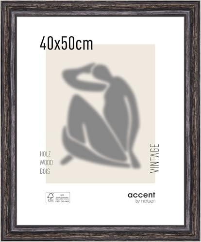 accent by nielsen Bilderrahmen, 40 x 50 cm, Holz, Schwarz, Posterrahmen zum Aufhängen im Hoch- & Querformat, Echtglas, Vintage