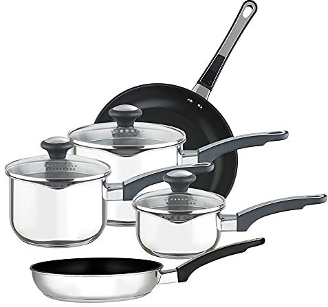 Prestige Stainless Steel Non Stick Pots and Pans Set of 5 - Suitable as Induction Hob Pan Set with Straining Lids & Pouring Lips, Dishwasher Safe, Oven Safe, Durable Cookware, Black/Silver
