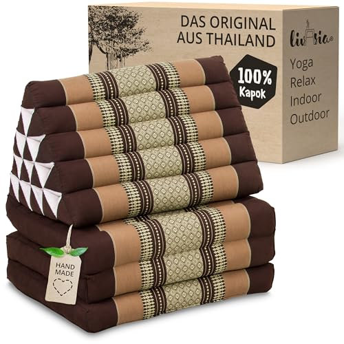 livasia Thaikissen 3 Auflagen extrahoch - 185x55x8cm - Dreieckskissen mit Klappmatratze, Kapok, Jumbo Rückenkissen faltbar, Thaimatte Klappen, handgefertigt, Meditationskissen (Braun)