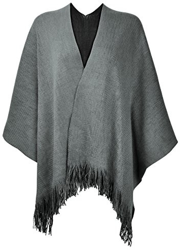 ZLYC Damen Herbst/Winter Weiche Schlichte Gestricktes Cashmere Poncho Capes Retro - Stil Cardigans Pullover Mantel mit Fransen, Grau, Einheitsgröße
