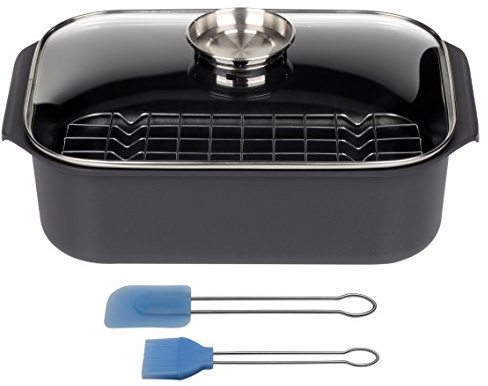 GSW 410908 Gourmet Rechteckbräter mit Grilleinsatz 40x26x11cm / Circa 8,0 L inkl, Backpinsel-Set 2-teilig, Aluguss, schwarz, 40 x 26 x 12,5 cm, 5 Einheiten
