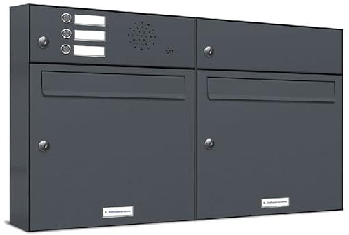 AL Briefkastensysteme 2er Briefkastenanlage mit Klingel Anthrazit Grau RAL 7016, Premium Doppel-Briefkasten DIN A4, 2 Fach Postkasten modern Aufputz
