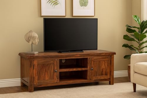 Oak and Pine Online Classically Modern Dark Wood Valencia Solid Sheesham Rosewood Flatscreen Plasma Wide Tv Bench/Cabinet/Stand/Unit Living Room Jali Furniture