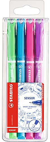 STABILO - Fineliner mit gefederter Spitze - SENSOR F - fein - 4er Pack - hellgrün, türkis, pink, lila
