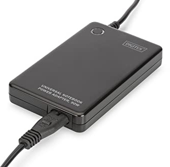 DIGITUS Universal bärbar strömförsörjning, 90 W, USB-laddningsuttag 5 V/2 A, 11 utbytbara kontaktuttag, svart
