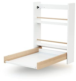AT4 - Table à langer murale ESSENTIEL Blanc et Hêtre Verni| Dimensions ouverte (L x l x H) : 56 x 77,5 x 78 cm | Pliée (L x l x H) : 56 x 18 x 78 cm | 2 étagères de rangement | Facile à utiliser