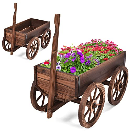 RELAX4LIFE Brouette à Fleurs en Bois Carbonisé Anti-Humidité | Jardinière Extérieur Bois avec Roues, Trous de Drainage, Poignée Réglable, Jardinière Décorative pour Jardin Terrasse