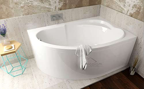 ECOLAM® Badewanne Wanne Eckwanne Eckbadewanne Acryl weiß Standard Polimat 130x85 cm RECHTS + Schürze Ablaufgarnitur Ab- und Überlauf Automatik Füße Silikon Komplett-Set