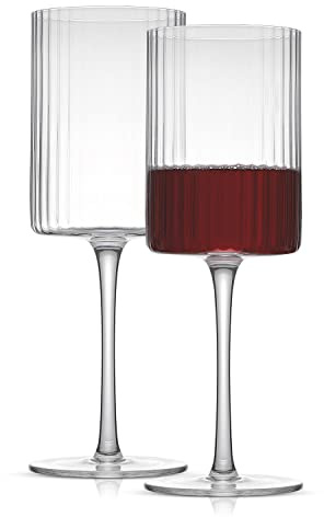 JoyJolt Elle Fluted Wine Glasses, 17.5oz Red Wine Glass Set of 2, Unique Stemmed Glass, Big Long Stem Cocktail Vintage Style Drinking Glasses