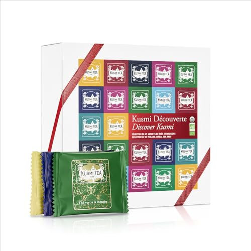 Kusmi Tea - Coffret Kusmi Découverte - Assortiment de Thés Bio - Idée Cadeau Homme et Femme - Thés Noirs, Thés Blancs, Thés Verts et Infusions - 45 Sachets - Sélection de 9 Recettes Iconiques