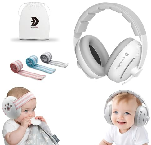 evolutiOne® Casque de protection auditive 2 en 1 pour bébé - Protection contre le bruit - Bandeau et arceau réglable - Âge : 0 à 48 mois - Contenu : 3 bandeaux antidérapants en bleu/rose/gris + sac de