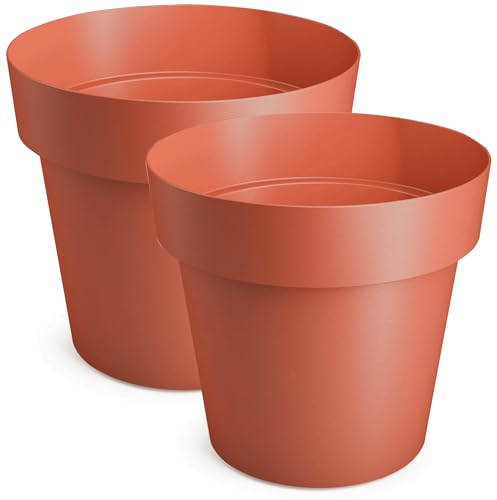 PECZEKO Lot de 2 pots de fleurs mats en plastique - Pot de fleurs décoratif pour grandes et petites fleurs - Couleur terre cuite - Diamètre : 14 cm