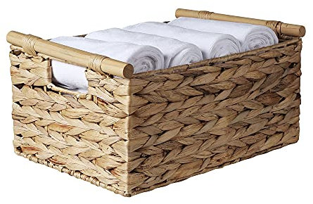 Aufbewahrung korb,Rechteckiger Handtuchkorb,Weidenkorb mit Holzgriff,Wasserhyazinthe Korb, Aufbewahrungskorb Geflochten,Für Wohnzimmer, Badezimmer, Abstellraum 36.3 x 26.9 x 17.8 cm