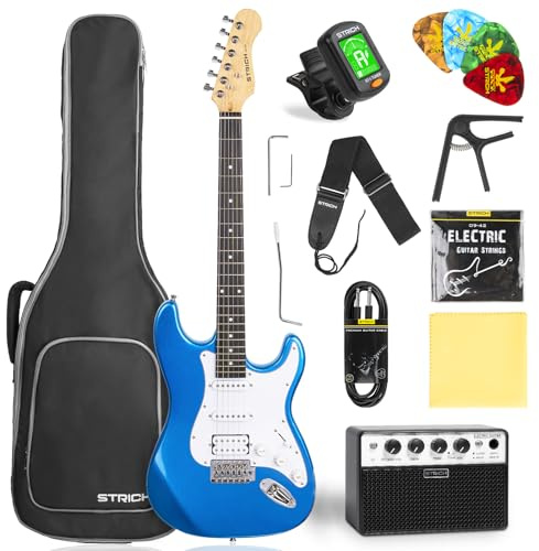 STRICH Electric Guitar Beginner Kit, Solid Body 39 Full Size Electric Guitar HSS Pick Up for Starter, with 10W Amp, Bag, Digital Tuner, Capo, Strap, String,Cable, Picks, SST-S20 Sapphire Blue
