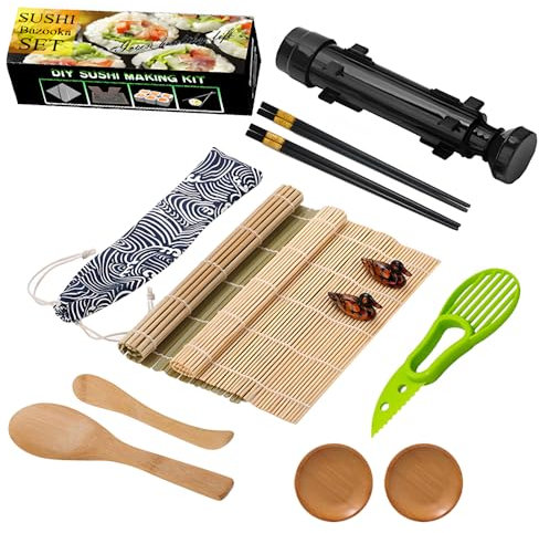 Kit de fabricación de sushi de 13 piezas para principiantes y expertos. Incluye alfombrillas de bambú para sushi, cuchillo de sushi, palillos, platos de salsa, paleta, esparcidor y plato para servir