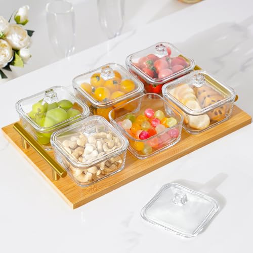 NiHome Glass Serving Platters with Handled Bamboo Tray Set for Buffets, BBQs & Parties, 6 x 10oz Glass Bowls with Dust-Proof Clear Lids for Snacks, Dips, Appetizers, Microwave & Dishwasher Safe