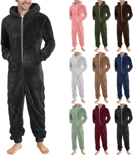 Herren Jumpsuit Kuschelig Lang Pyjama Winter Warm Plüsch Overall Schlafanzug Loungewear Bequemer Hausanzug Einfarbige Anzug Schlafoverall Reißverschluss Teddy Fleece Einteiler Herbst und Winter