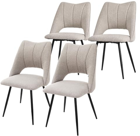 ML-Design Lot de 4 Chaises de Salle à Manger Beige, Assise en Polyester, Chaise Rembourrées avec Dossier et Pieds Métalliques Noirs, Fauteuils Modernes pour Bureau, Salon, Salle à Manger et Cuisine